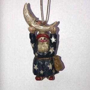 Pam Schifferl Blue Folk Art Wizard Santa Sandman with Moon Christmas Ornament
